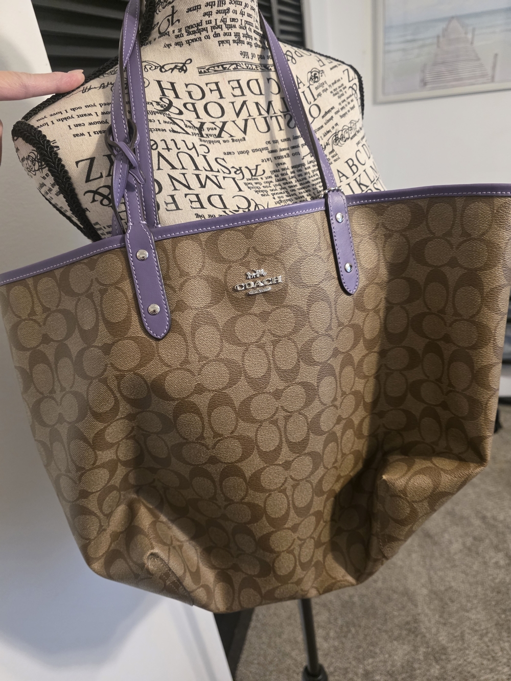 Coach Brown Signature Tote with Lavender Trim